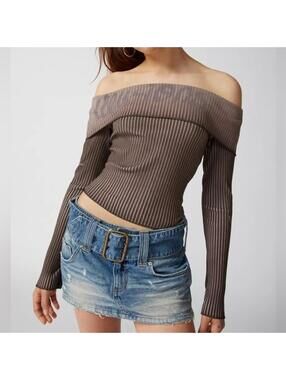 Urban Outfitters Off Shoulder Ribbed Top Gray Long Sleeve Y2K Grunge Women M